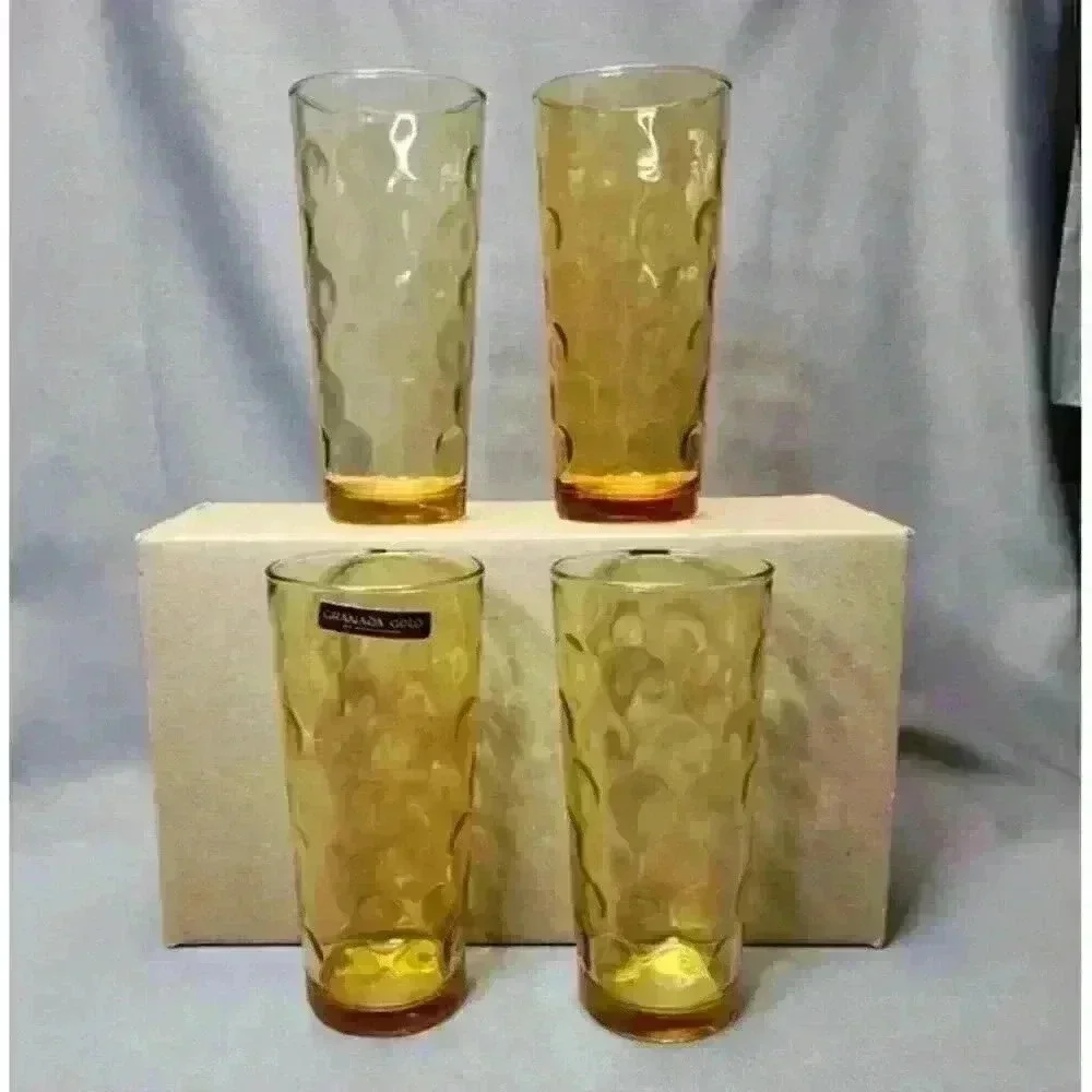 Hazel Atlas Tumblers Coolers 16 oz Amber Glass Granada Gold Hazelware Glasses x4 - Picture 1 of 6